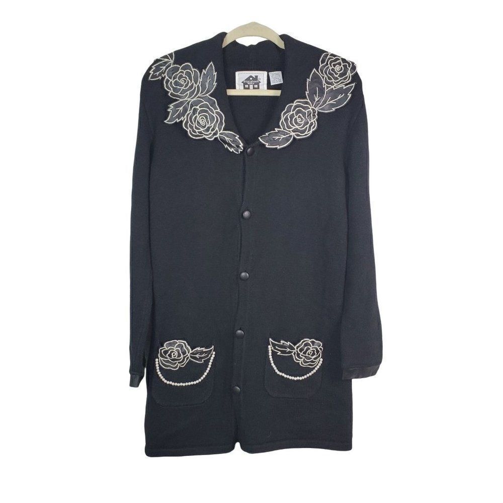 Storybook Knits Sweater Cardigan Button Front Black Long Sleeve XS Petal Perfect